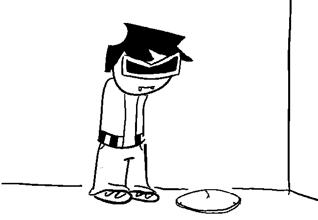 VisorDweeb standing next to the "pushy plate thing", a circular stone pressure plate with several small cracks on its edges.
