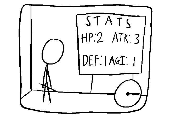 Stick figure stat screen with the only changes since last time being HP: 2 and ATK: 3
