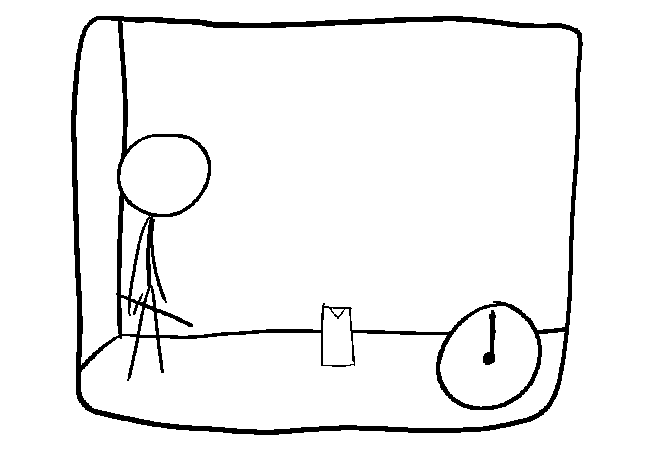 Stick figure standing next to a weird rectangle with a triangle on it.