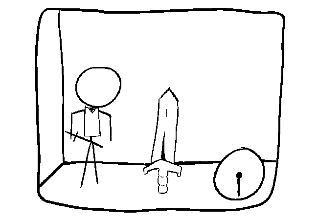 The stick figure standing next to a surprisingly highly detailed WEAPON.