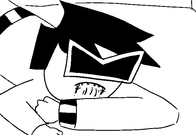 VisorDweeb, laying on the floor. Teeth biting hard enough into the skin to draw blood. Fists clenched hard enough to leave marks behind (VisorDweeb does not have much grip strength, otherwise there would probably be blood there too)