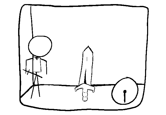 Stick figure slightly farther away from the WEAPON than before.