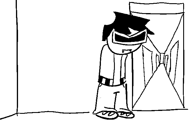 VisorDweeb approaches the now open door, where a hallway with 4 doors can be seen with two doors on each side.