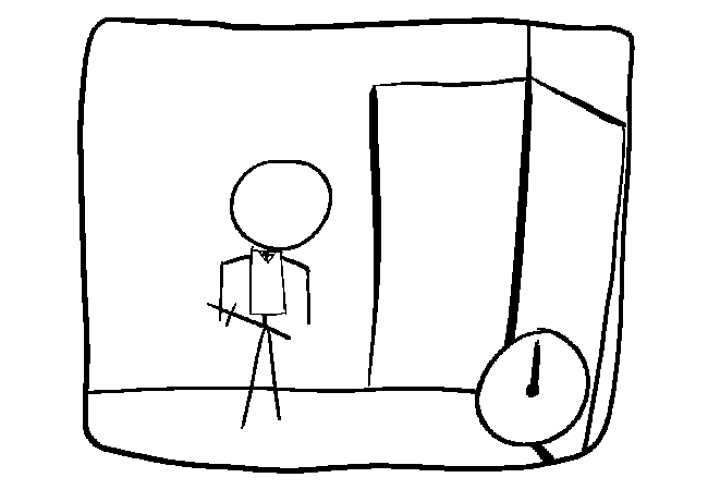 Stick Figure standing next to a weird corner door thing.