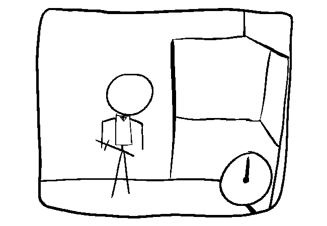 Stick figure standing next to the weird double doors but now open.