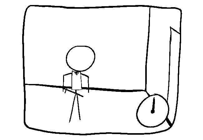 Stick figure standing in the new room.
