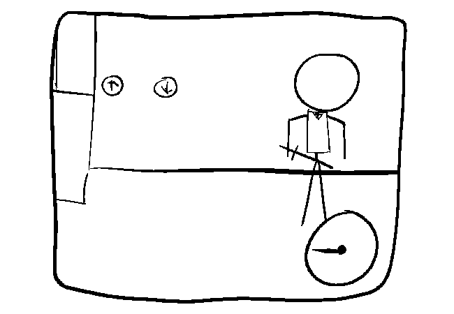 Stick figure standing in the room facing west, with two buttons visible. One has an up arrow, the other a down, both poorly scribbled onto the buttons.