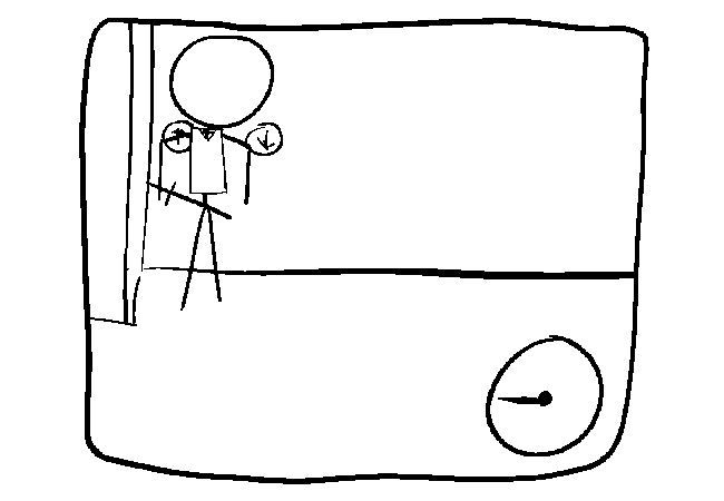 The stick figure standing next to the buttons.