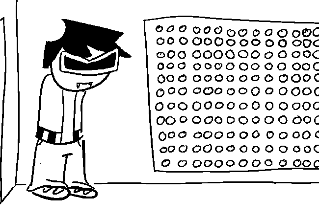 VisorDweeb entering the new room, revealing a large panel of buttons that from what is visible seems to be a grid of 13x11, although it cuts off before the 13th column is fully visible.