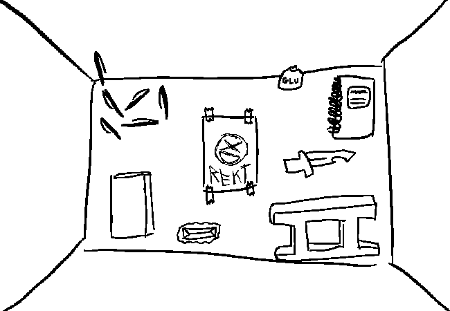Looking inside the chest, with 6 Pens, a Brick, a Cinderblock, a Notebook, a Container of Liquid Glue, a Note that is taped to the bottom of the chest with an "XD" Emoji-like image on it along with the text "REKT" on it, a Knife with a weird hook shape in its blade, and a partially melted stick of butter still in the wrapping.