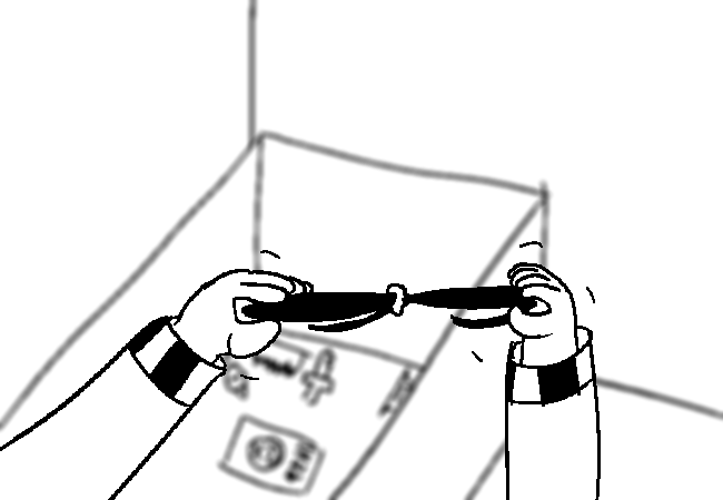 A first-person point of view of VisorDweeb attempting to hold two pens together with glue.