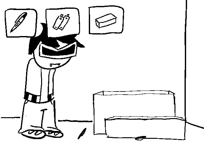 VisorDweeb with a visible inventory, that now has the brick in the place the note used to be.