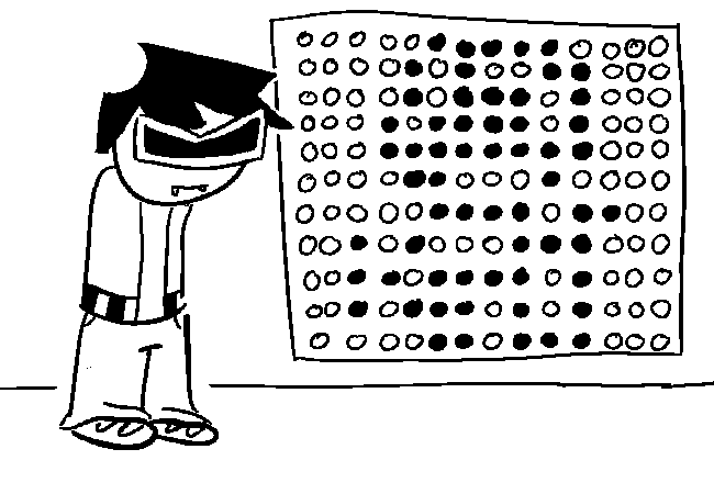 VisorDweeb standing next to the grid of buttons that has been pressed in a manner to barely resemble the thing VisorDweeb was instructed to mimic.