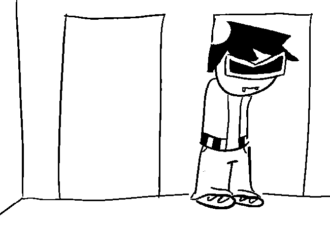 VisorDweeb standing on the opposite side of the hallway than seen previously.