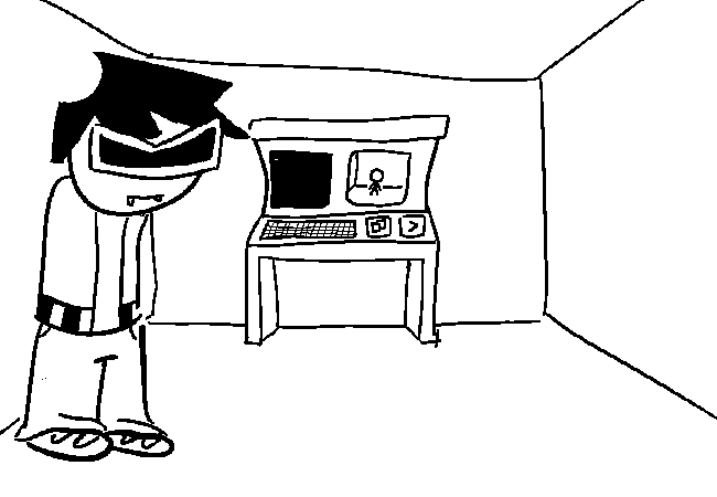 VisorDweeb standing in the new room. Across the room is a strange old computer terminal looking thing, with a keyboard and two monitors built in, as well as two other buttons.