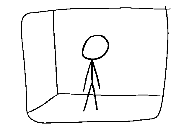 A close-up on the monitor that has a picture on it, specifically of a stick figure standing idly in what seems to be a blank room.