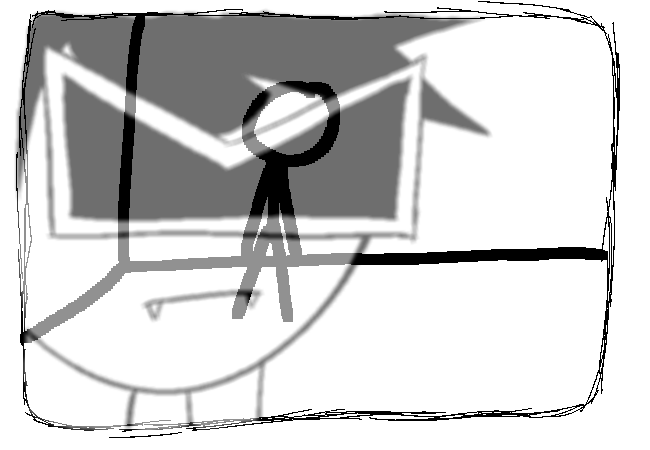 VisorDweeb staring into the monitor with a stick figure on it, with a reflection being visible to us.