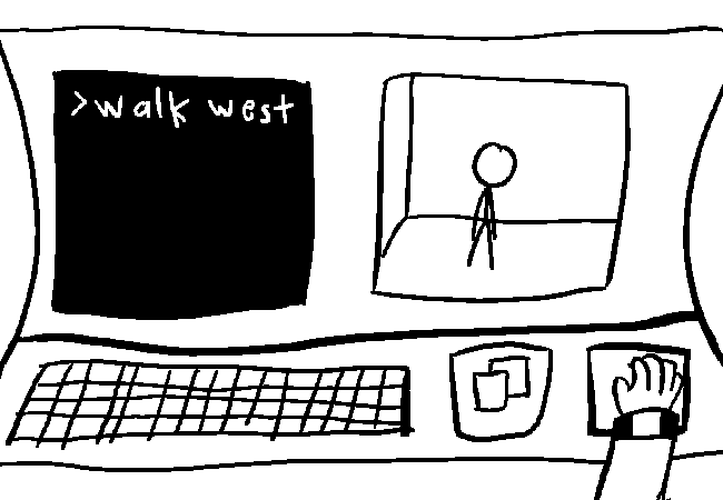 VisorDweeb enters the command, which is followed by the perspective rotating on the stick figure screen to show a new wall, and then an ERROR 62: "No Door In Specified Direction"