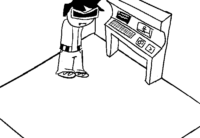 VisorDweeb pacing around the room, with an isometric perspective.