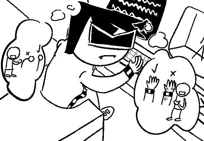 VisorDweeb imagining generic characters broadcasting the shocking news that bad posture and wrist cramps are in fact bad things.