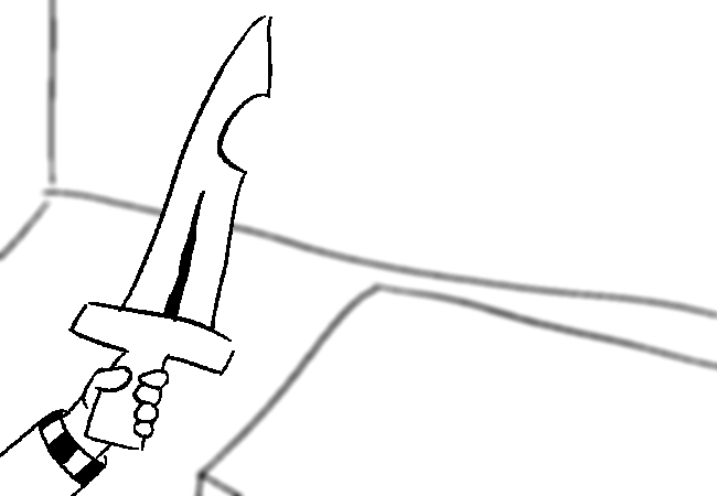 VisorDweeb holding the HOOKED KNIFE at probably incorrect proportions, with the focus swapping between the knife with the hand holding it and the background since it's an animated gif.