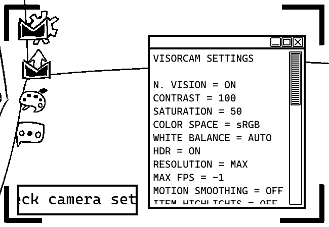 A view into the Visor Perspective, with a window for VISORCAM open which displays many settings.