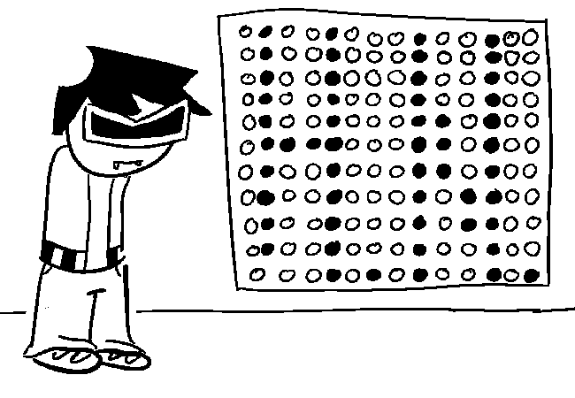 The image of VisorDweeb standing in the button panel room, but animated with each frame besides the first having some form of mild filter applied.