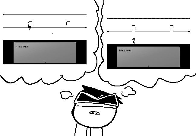 VisorDweeb looking up, thinking about when in the VisorDweeb rpgmaker game from a bit ago you could interact with the two doors that are relevant right now and both of them would be closed.