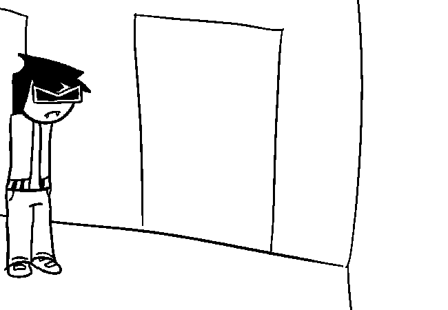 VisorDweeb waiting a bit but then running towards the door. The gif pauses with a "PAUSE" text before collision occurs.