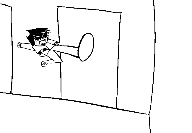 The drawing of VisorDweeb from the previous panel bouncing against the door in a comedic fashion.