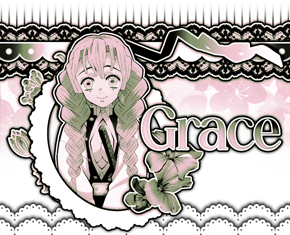 green and pink graphic of mitsuri kanroji with the text "grace."