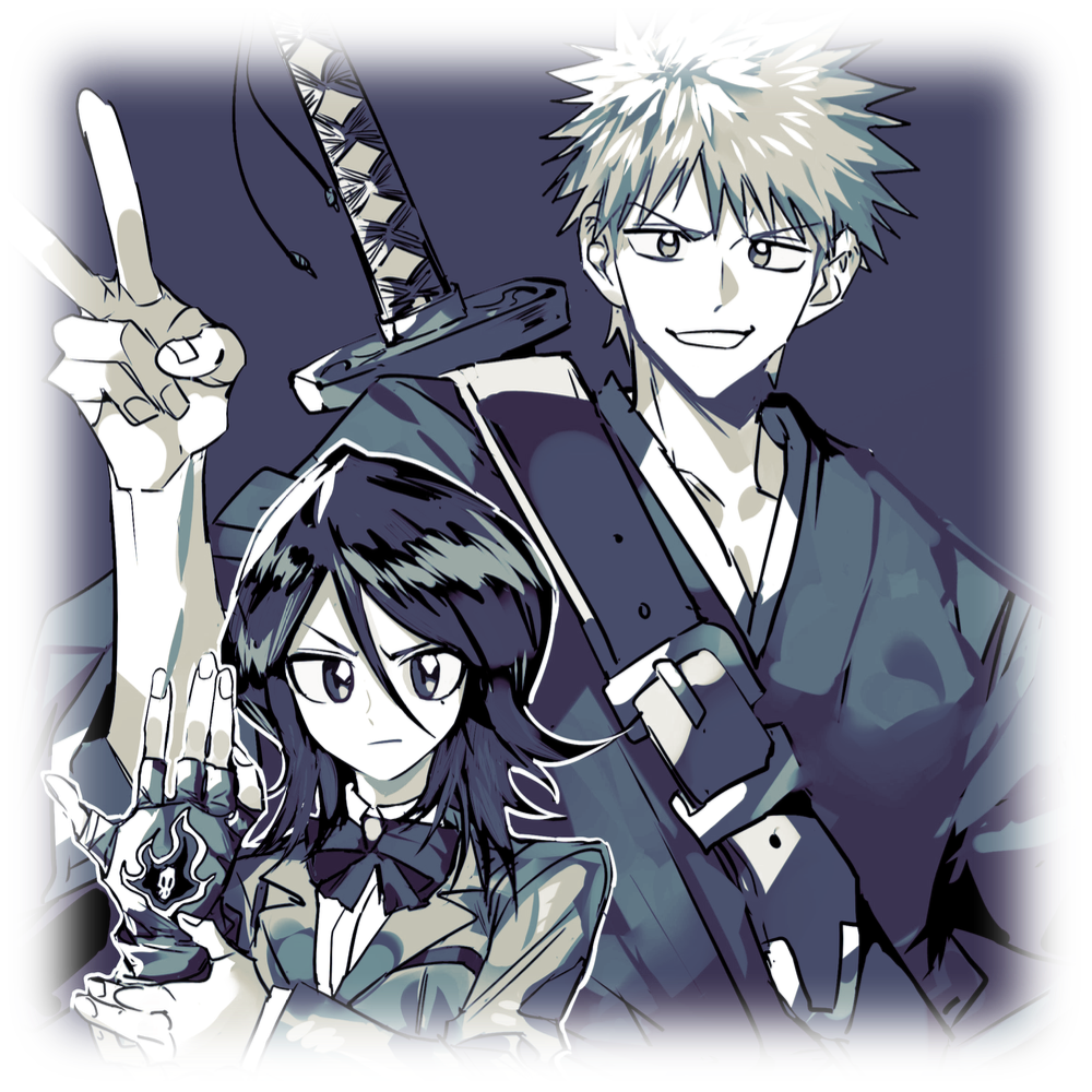 rukia kuchiki and ichigo kurosaki. art credit @luoluo123455 on twitter.