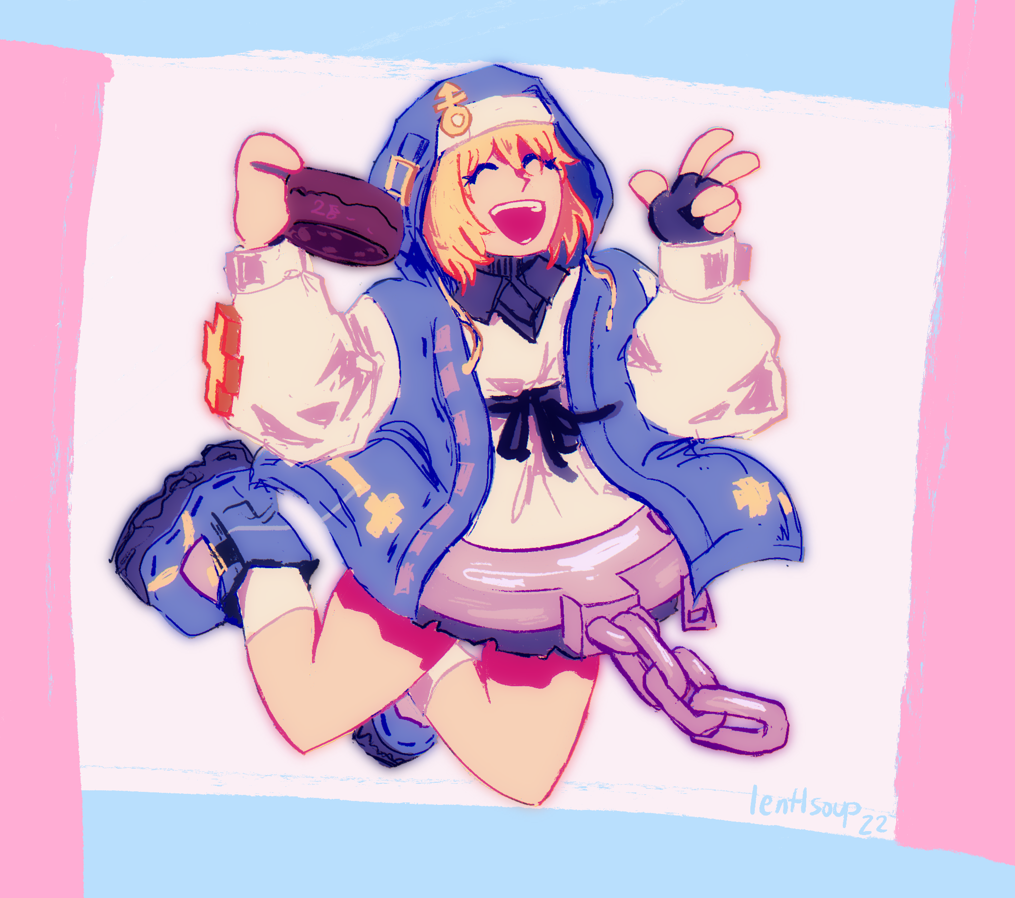 Digital drawing of Bridget from Guilty Gear in her Strive design. She is jumping in the air with her legs kicked back and a joyful expression on her face. She holds her yo-yo in one hand and is doing a peace sign with the other. She is against a simple white background with pink and blue borders, altogether making the colours of the trans flag.