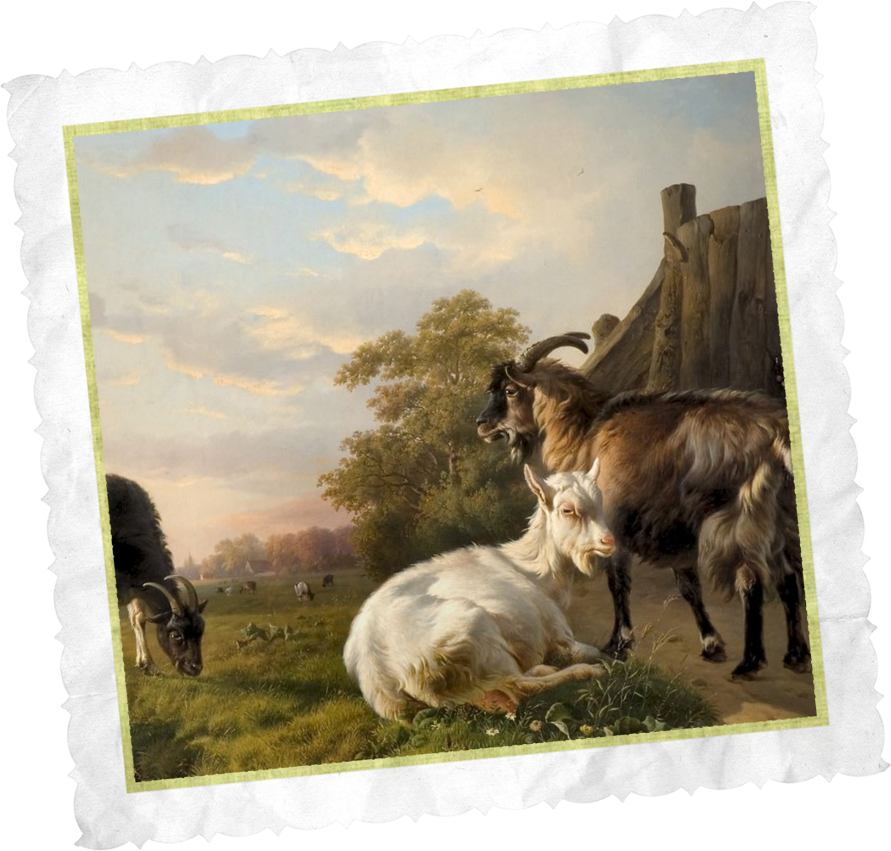 Frame with a goat painting inside.
