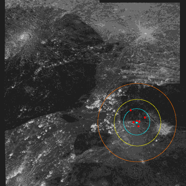 A satellite image of Perrine Regio, taken by NASA, modified into a GIF. 6 red dots, representing people, are in the bottom right. Also in the bottom right is a cyan dot, representing the Field Base. Three circular lines, one cyan, one yellow, and one orange, circle the Field Base, representing the areas that the Field Crew is allowed to conduct research in.