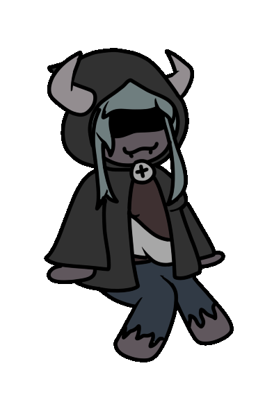 Indolence, a cloaked woman with horns and her eyes covered by darkness, sitting on a cliffside while swinging her legs
