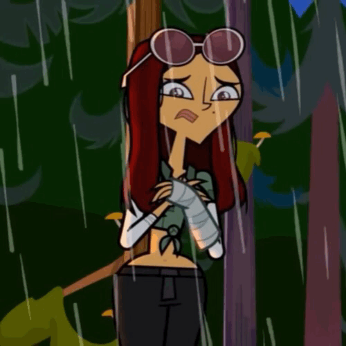 Emily blinking in the rain on the verge of tears
