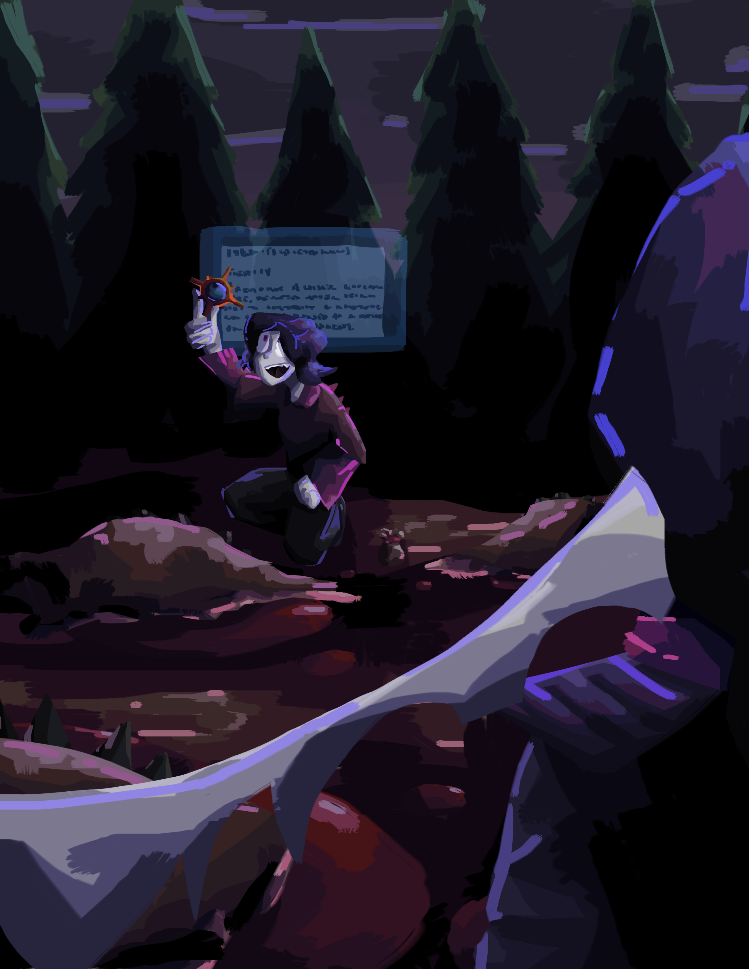 bia picks up a drained lesser governance core while ari looks at her. monster corpses lie across the ground