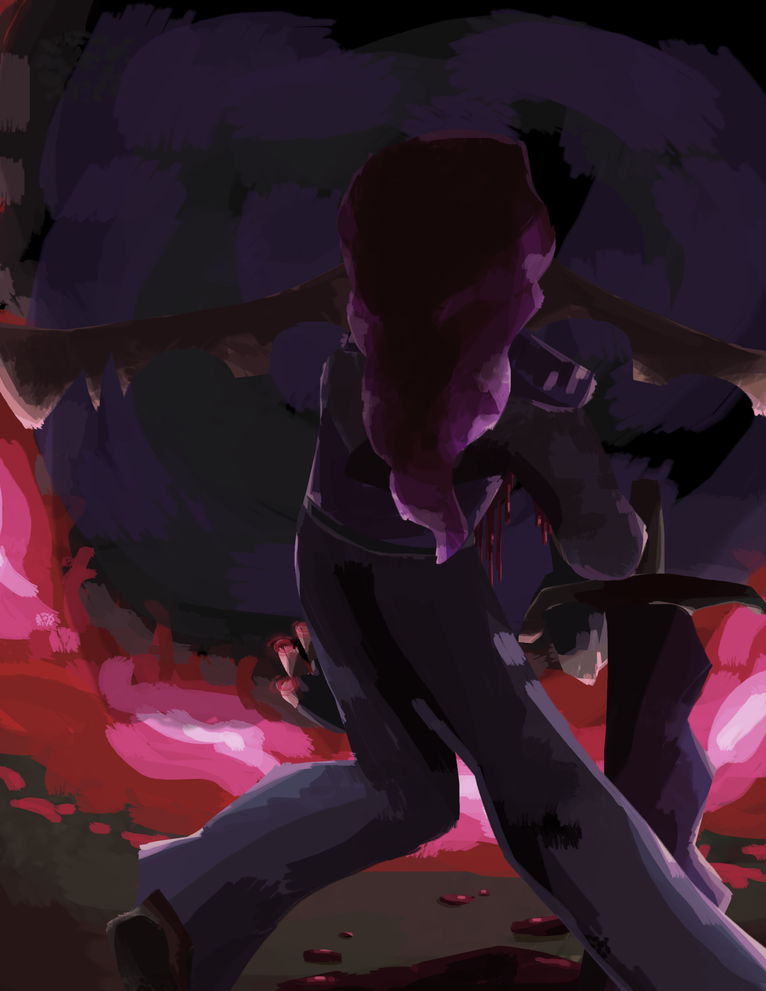 ari hunches over her sword, staggering towards a portal as blood drips from her chest