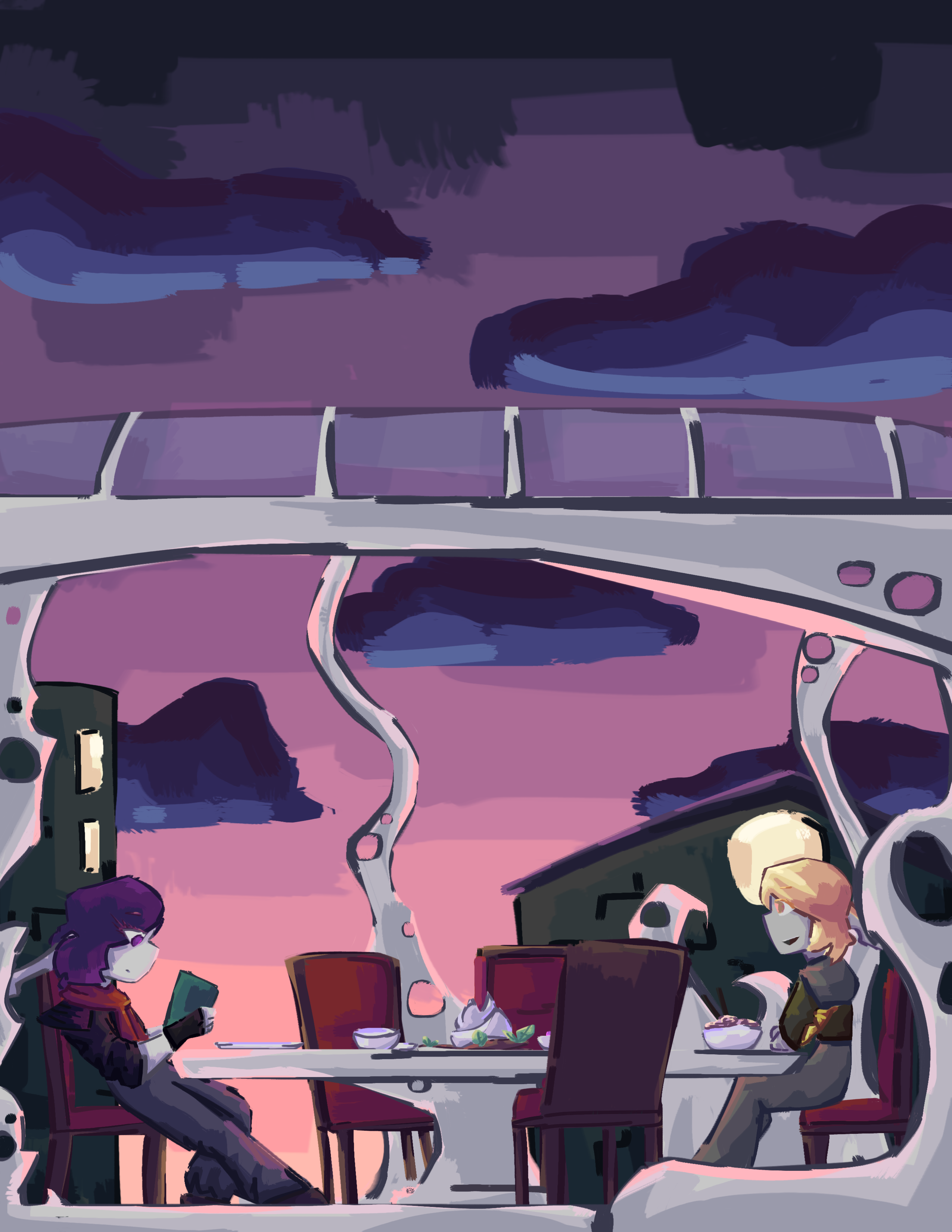 ari and lloyd sit over a finished meal as the sun sets. ari's reading and lloyd attempts to engage in conversation