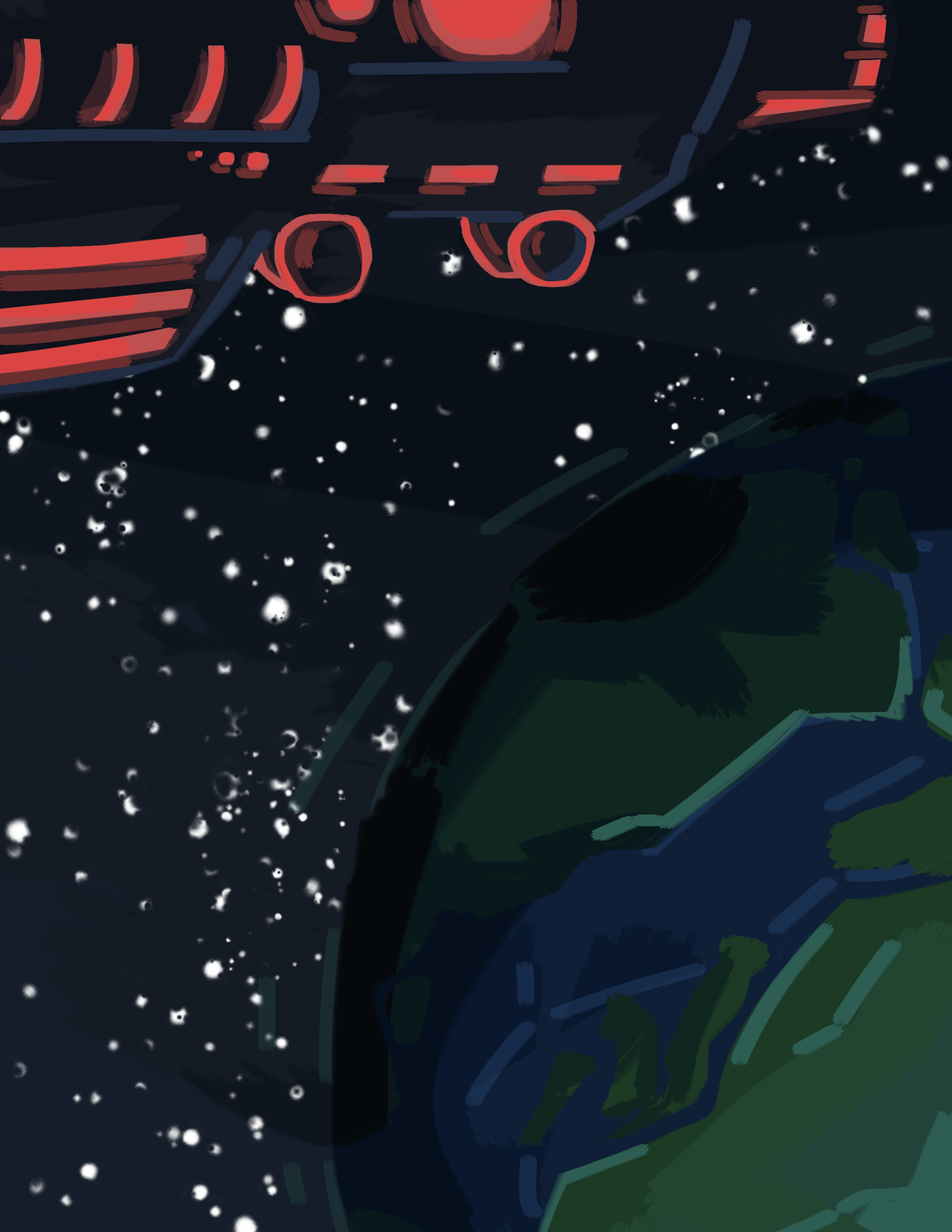 big starship floats over a planet