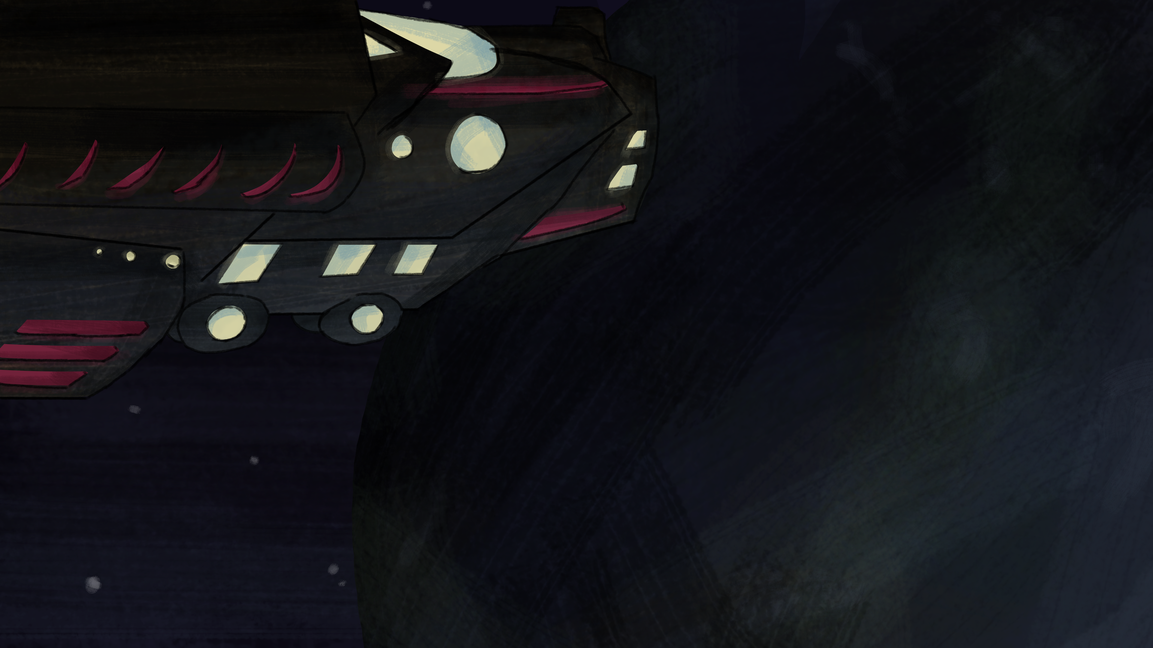 a big ol brass spaceship floats in front of a planet