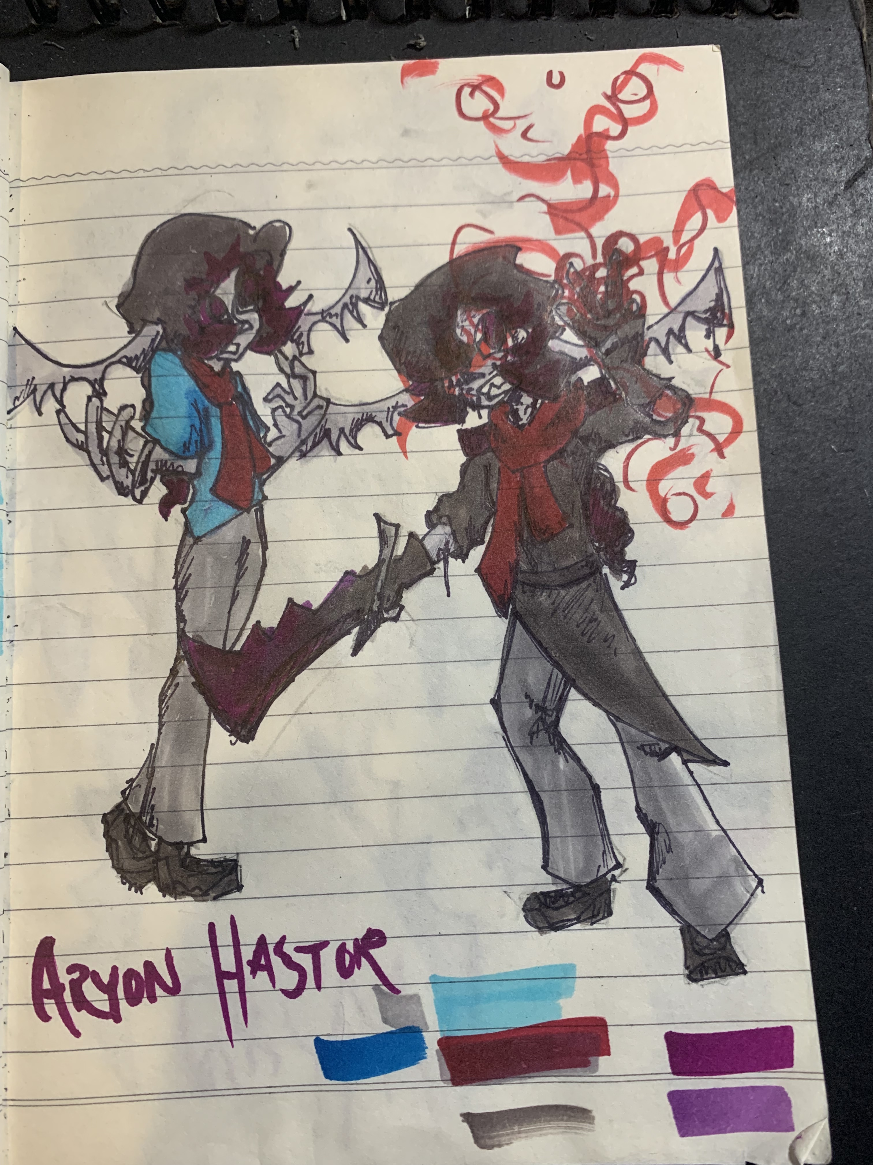 ari spreads hands dramatically in one drawing and is bleeding from the face in the other :D