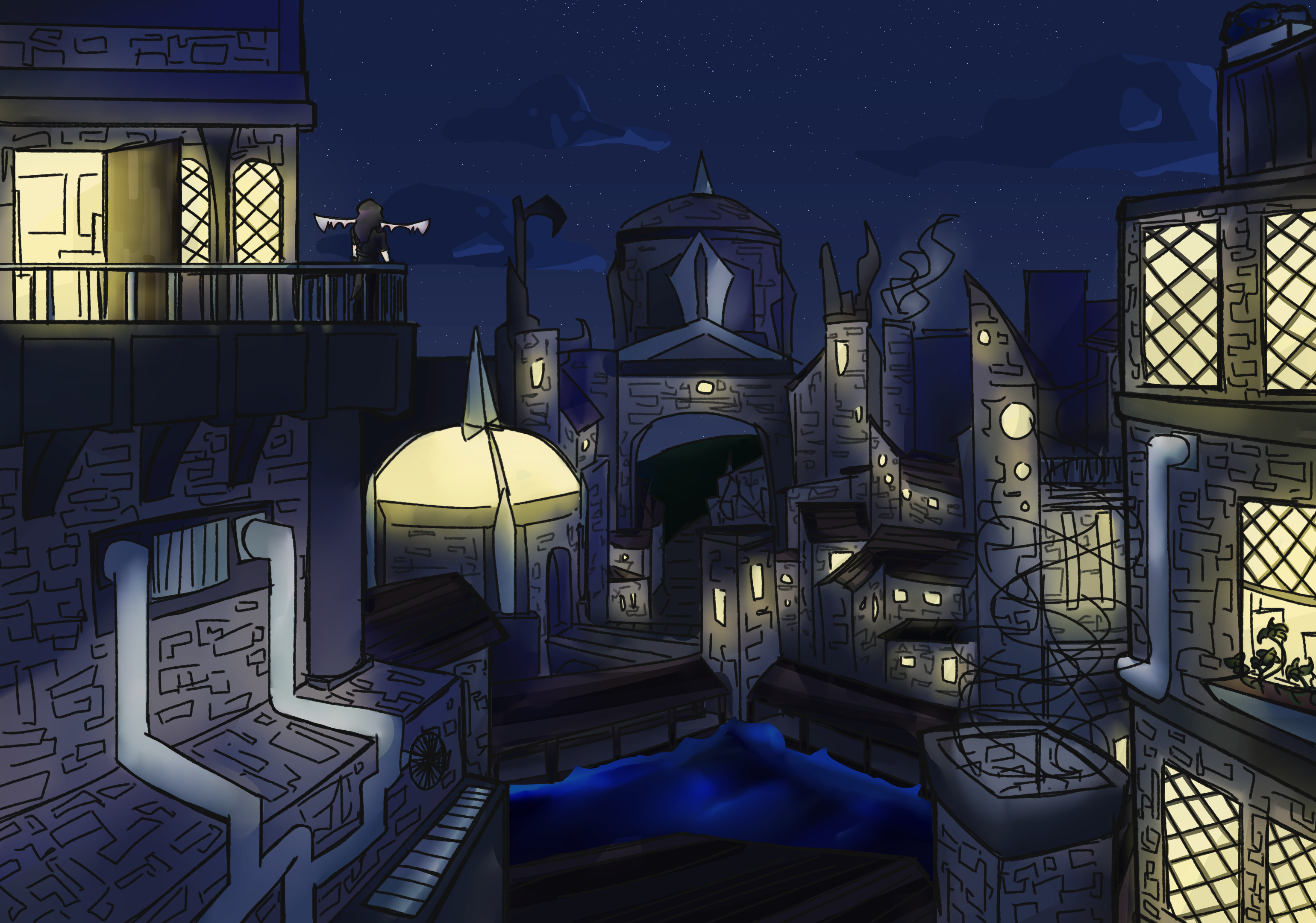 ari stands on a balcony overlooking the city of avertine at night