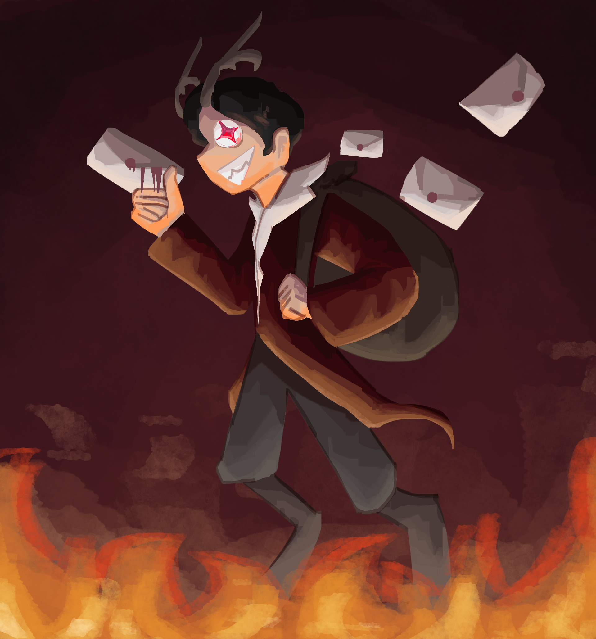 skinny asian boy with goat legs, horns, and a suit carrying a bag of bloody letters
