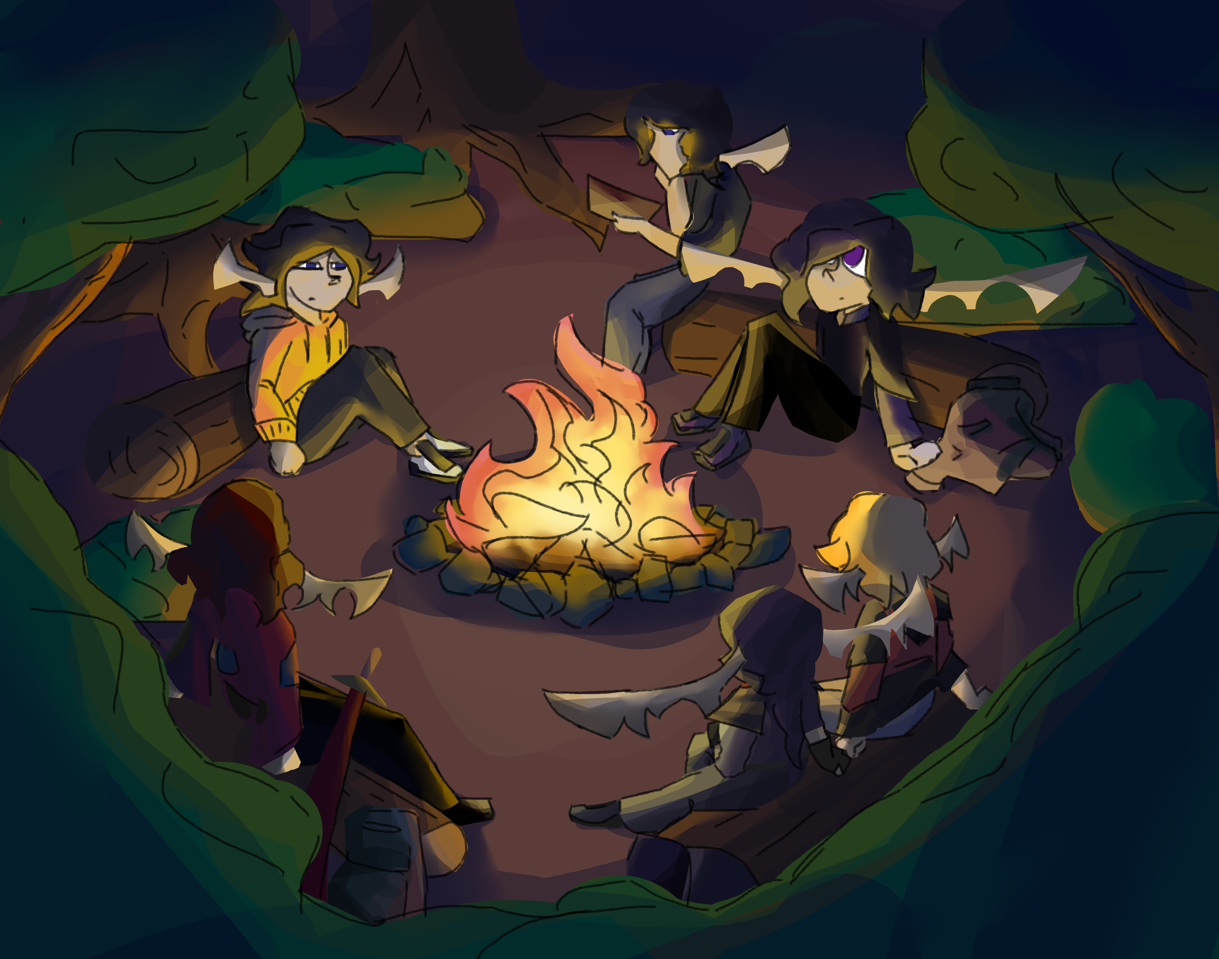 six weird elf looking things sit around a campfire