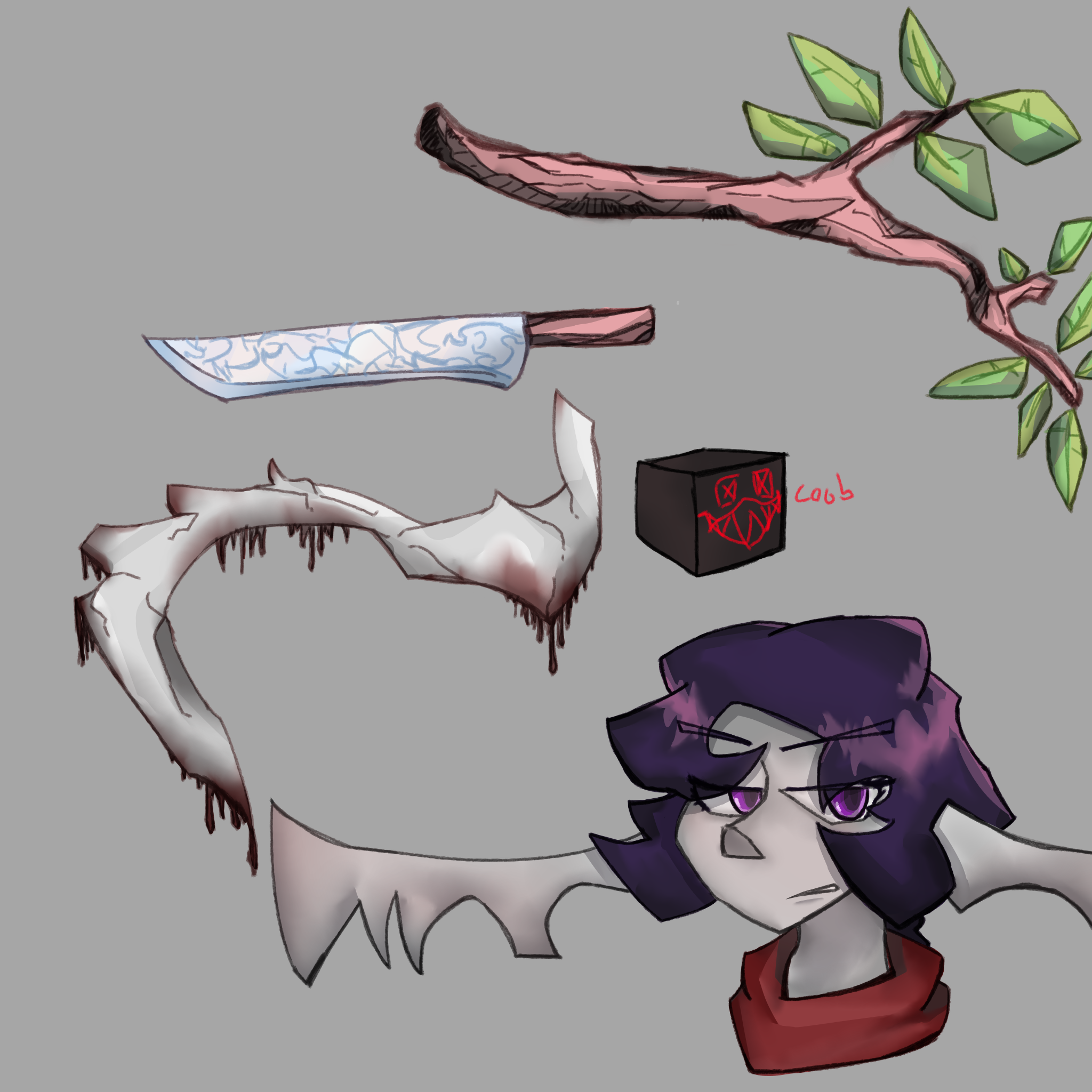 a branch an elf thing a bloody bone and a COOB