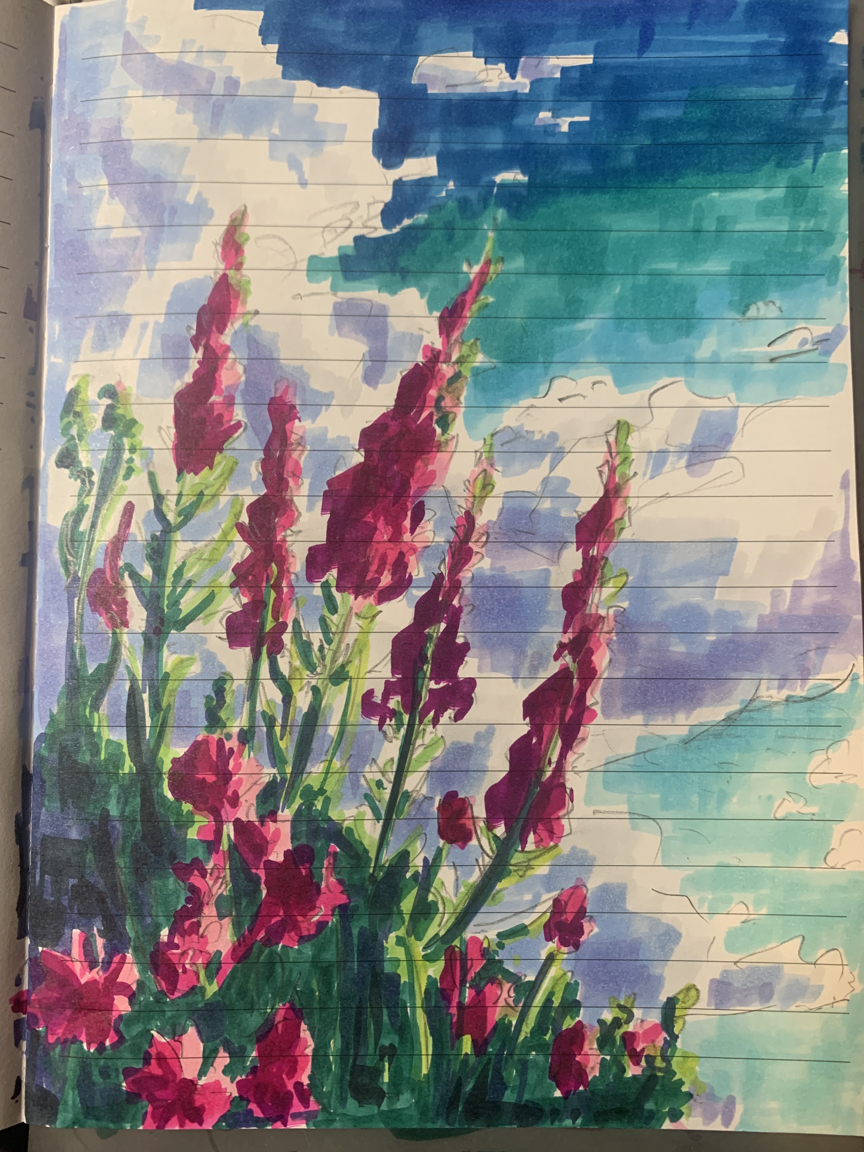 a bunch of flowers with a blue sky