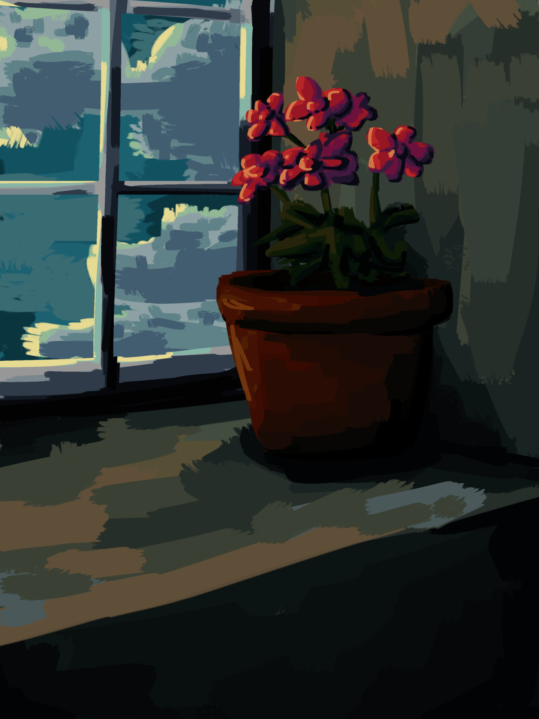 a pot of flowers sits on a window sill while sun shines into the room