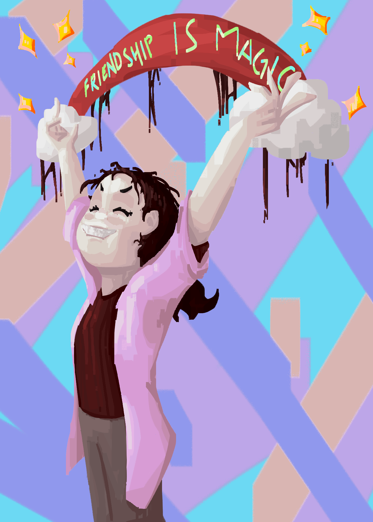 girl holds up hands in the spongebob imagination pose - rainbow with text reads 'friendship is magic' and there is no blood dripping anywhere at all